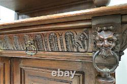 Antique French Hunt Cabinet Carved Gothic Revival With Stained Glass Circa 1880