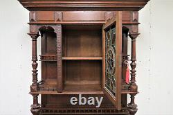 Antique French Hunt Cabinet Carved Gothic Revival With Stained Glass Circa 1880