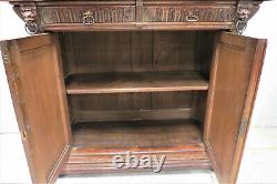 Antique French Hunt Cabinet Carved Gothic Revival With Stained Glass Circa 1880