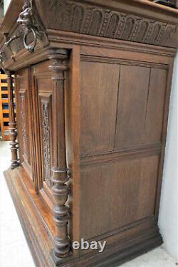 Antique French Hunt Cabinet Carved Gothic Revival With Stained Glass Circa 1880