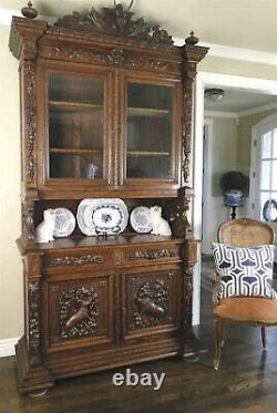 Antique French Hutch Cabinet Bookcase Buffet Carved Shell Dark Oak