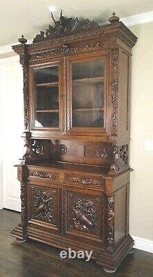 Antique French Hutch Cabinet Bookcase Buffet Carved Shell Dark Oak