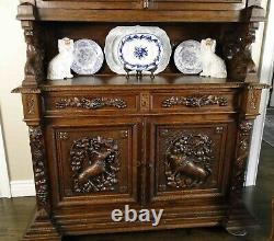 Antique French Hutch Cabinet Bookcase Buffet Carved Shell Dark Oak