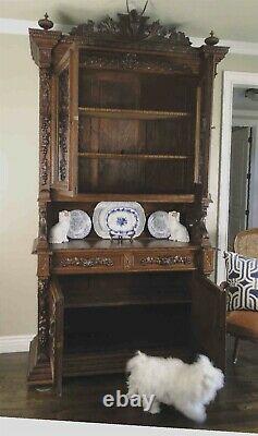 Antique French Hutch Cabinet Bookcase Buffet Carved Shell Dark Oak