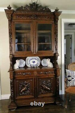 Antique French Hutch Cabinet Bookcase Buffet Carved Shell Dark Oak