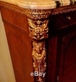 Antique French Louis Style Cabinet Credenza Commode, Figural Ormolu, Inlaid