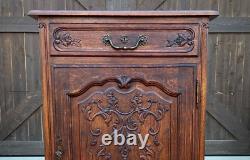 Antique French Louis XV Style Cabinet Cupboard w Drawer Carved Oak Tall 1920s