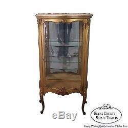 Antique French Louis XV Style Gilt Marble Top Vitrine Curio Cabinet
