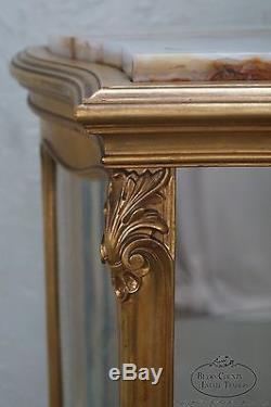 Antique French Louis XV Style Gilt Marble Top Vitrine Curio Cabinet
