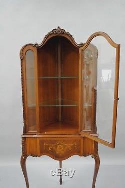 Antique French Louis XV Style Inlaid Petite Corner Cabinet Walnut China Curio