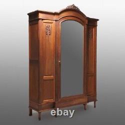 Antique French Louis XVI Carved Mahogany Triple Door Mirrored Armoire 19th C