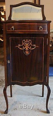Antique French Mahogany Music Cabinet Beveled Mirror Marquetry Case Chest Vanity