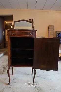Antique French Mahogany Music Cabinet Beveled Mirror Marquetry Case Chest Vanity