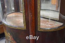 Antique French Mahogany Vitrine Curio Cabinet Display with Painted Decoration