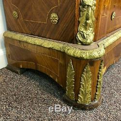 Antique French Marquetry Inlaid Ormolu Louis XV Pier Cabinet with Marble Top