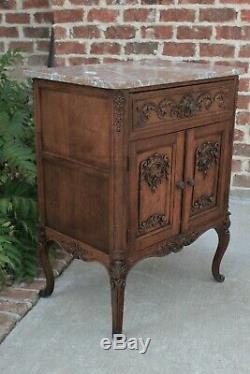 Antique French Oak Louis XV Side Cabinet End Table Nightstand Marble Top Drawer