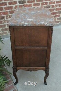 Antique French Oak Louis XV Side Cabinet End Table Nightstand Marble Top Drawer