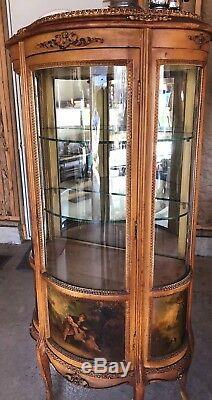 Antique French Portrait Curio Cabinet Vitrine Curved Glass Hand Painted Scenes