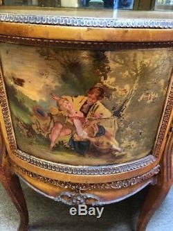 Antique French Portrait Curio Cabinet Vitrine Curved Glass Hand Painted Scenes