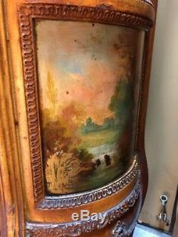 Antique French Portrait Curio Cabinet Vitrine Curved Glass Hand Painted Scenes