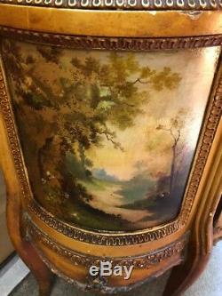 Antique French Portrait Curio Cabinet Vitrine Curved Glass Hand Painted Scenes