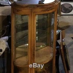 Antique French Portrait Curio Cabinet Vitrine Curved Glass Hand Painted Scenes