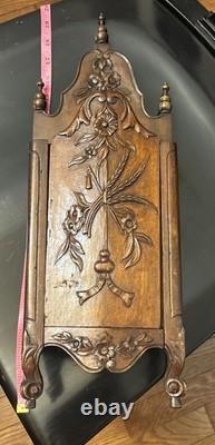 Antique French Provincial Carved Wood Fariniere Flour Box Floral Basket Walnut