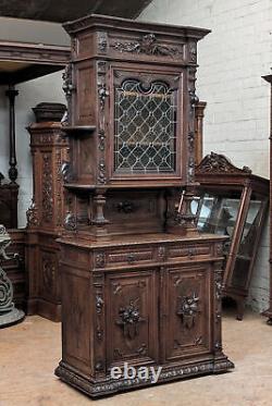 Antique French Renaissance Revival Oak Wood & Stained Glass Buffet/Sideboard