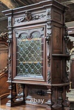 Antique French Renaissance Revival Oak Wood & Stained Glass Buffet/Sideboard