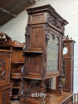 Antique French Renaissance Revival Oak Wood & Stained Glass Buffet/Sideboard