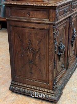 Antique French Renaissance Revival Oak Wood & Stained Glass Buffet/Sideboard