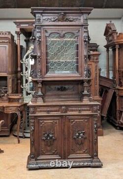 Antique French Renaissance Revival Oak Wood & Stained Glass Buffet/Sideboard