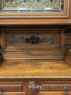 Antique French Renaissance Revival Oak Wood & Stained Glass Buffet/Sideboard