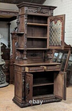 Antique French Renaissance Revival Oak Wood & Stained Glass Buffet/Sideboard