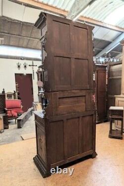 Antique French Renaissance Revival Oak Wood & Stained Glass Buffet/Sideboard