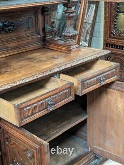 Antique French Renaissance Revival Oak Wood & Stained Glass Buffet/Sideboard