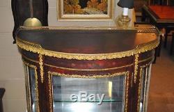 Antique French Style Mahogany Curved Curio Cabinet with Brass Gallery Circa 1920