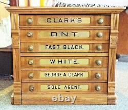 Antique George A. CLARK Clark's O. N. T. 6 Drawer Oak SPOOL CABINET General Store