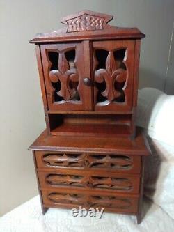 Antique German Miniature Wood Cabinet S. Sample Hutch Hd Carved Designs 3 Dr