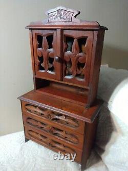 Antique German Miniature Wood Cabinet S. Sample Hutch Hd Carved Designs 3 Dr