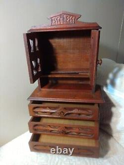 Antique German Miniature Wood Cabinet S. Sample Hutch Hd Carved Designs 3 Dr