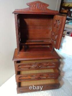 Antique German Miniature Wood Cabinet S. Sample Hutch Hd Carved Designs 3 Dr