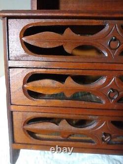 Antique German Miniature Wood Cabinet S. Sample Hutch Hd Carved Designs 3 Dr