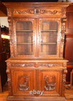 Antique German Oak Court Cabinet Carved Fox & Hound 1880's Cupboard