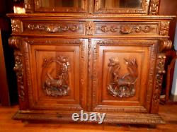 Antique German Oak Court Cabinet Carved Fox & Hound 1880's Cupboard