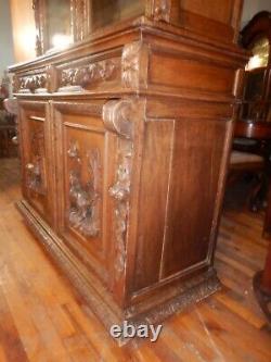 Antique German Oak Court Cabinet Carved Fox & Hound 1880's Cupboard