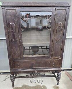 Antique Glass Door Wood China Cabinet Hutch Curio with Drawer & Shelves to Restore