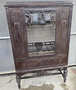 Antique Glass Door Wood China Cabinet Hutch Curio with Drawer & Shelves to Restore