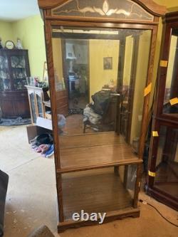 Antique Glass Fronted Curio Cabinet Wood Frame Brown Stained 2 Shelves