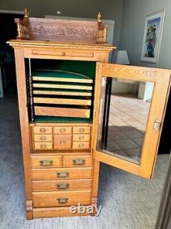 Antique Golden Oak Display/Dentist Cabinet, Rotating Shelves, Beveled Glass Door